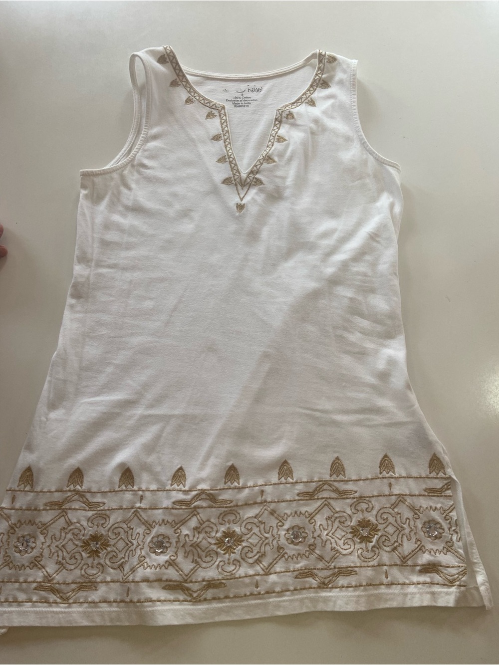 White Cotton Tank Top Gold Embroidery + Sewn Gems great condition women size S